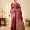 Model wearing SAARVIYA wine maroon satin silk saree with gold zari border and meenakari bird jaal