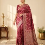 Model wearing SAARVIYA wine maroon satin silk saree with gold zari border and meenakari bird jaal