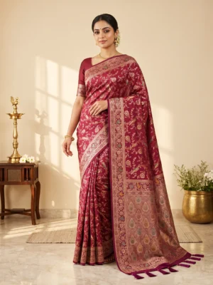 Model wearing SAARVIYA wine maroon satin silk saree with gold zari border and meenakari bird jaal