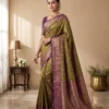 Salem Silk Saree for Women in olive green with purple border