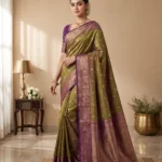 Salem Silk Saree for Women in olive green with purple border