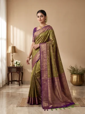 Salem Silk Saree for Women in olive green with purple border