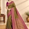 Shruti Salem Silk Saree in olive green with magenta zari border