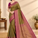 Shruti Salem Silk Saree in olive green with magenta zari border