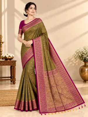 Shruti Salem Silk Saree in olive green with magenta zari border