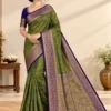 Shruti Salem Silk Saree in olive green with royal blue zari border