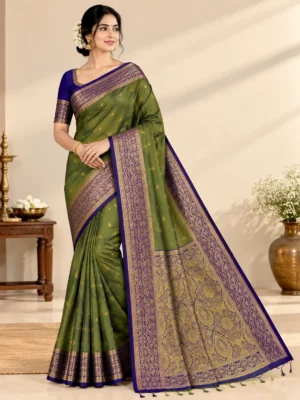 Shruti Salem Silk Saree in olive green with royal blue zari border