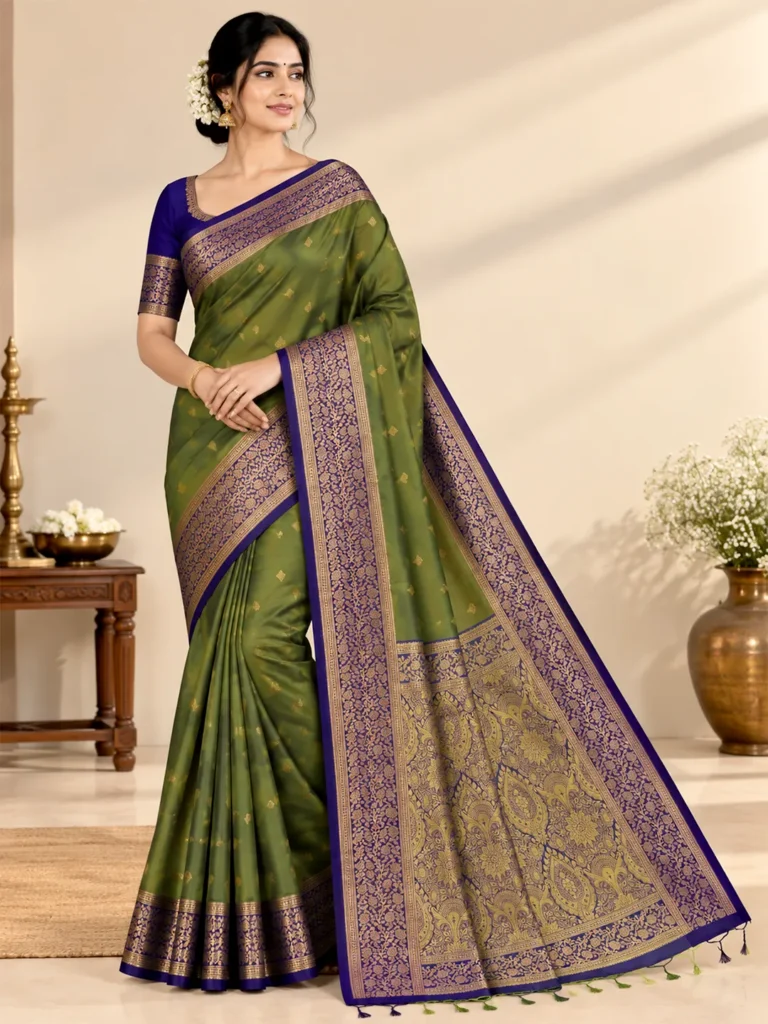 Shruti Salem Silk Saree in olive green with royal blue zari border