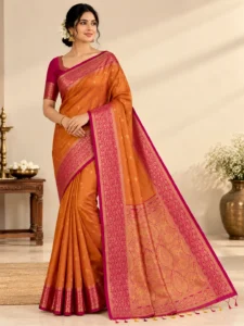 Shruti Salem Silk Saree - Orange with Pink Zari Border