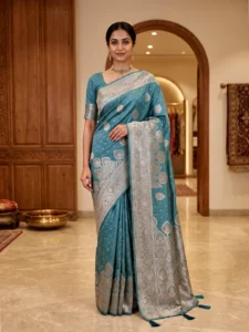 Teal Blue Bamboo Silk Saree for Women - Beautiful Stunning Styles