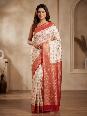 White Red Silk Saree for Women Puja Special