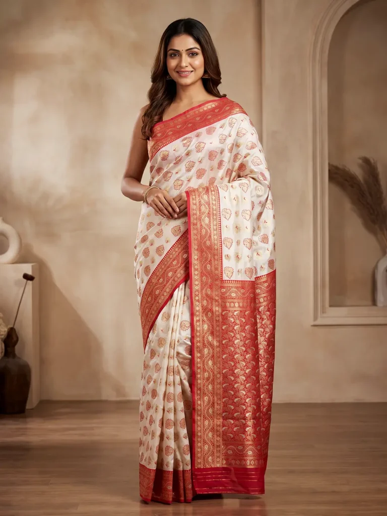 White Red Silk Saree for Women Puja Special