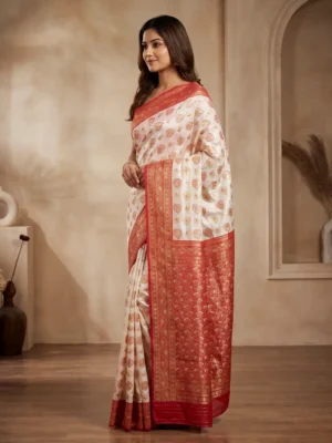 White Red Silk Saree for Women - Elegant Puja Special Traditional Styles Hover Image