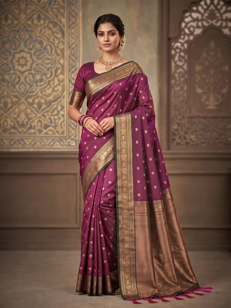 Wine Purple Salem Silk Saree for Women with gold-toned motifs and intricate border
