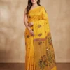 Yellow Handloom Saree for Women with floral and peacock motifs
