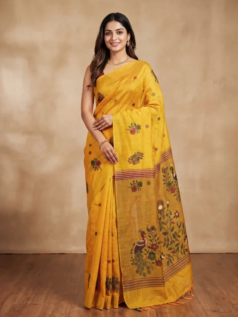 Yellow Handloom Saree for Women with floral and peacock motifs