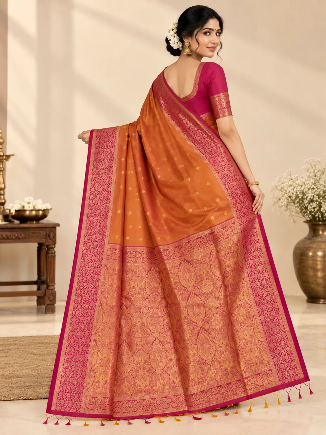 Shruti Salem Silk Saree - Orange with Pink Zari Border - Image 2
