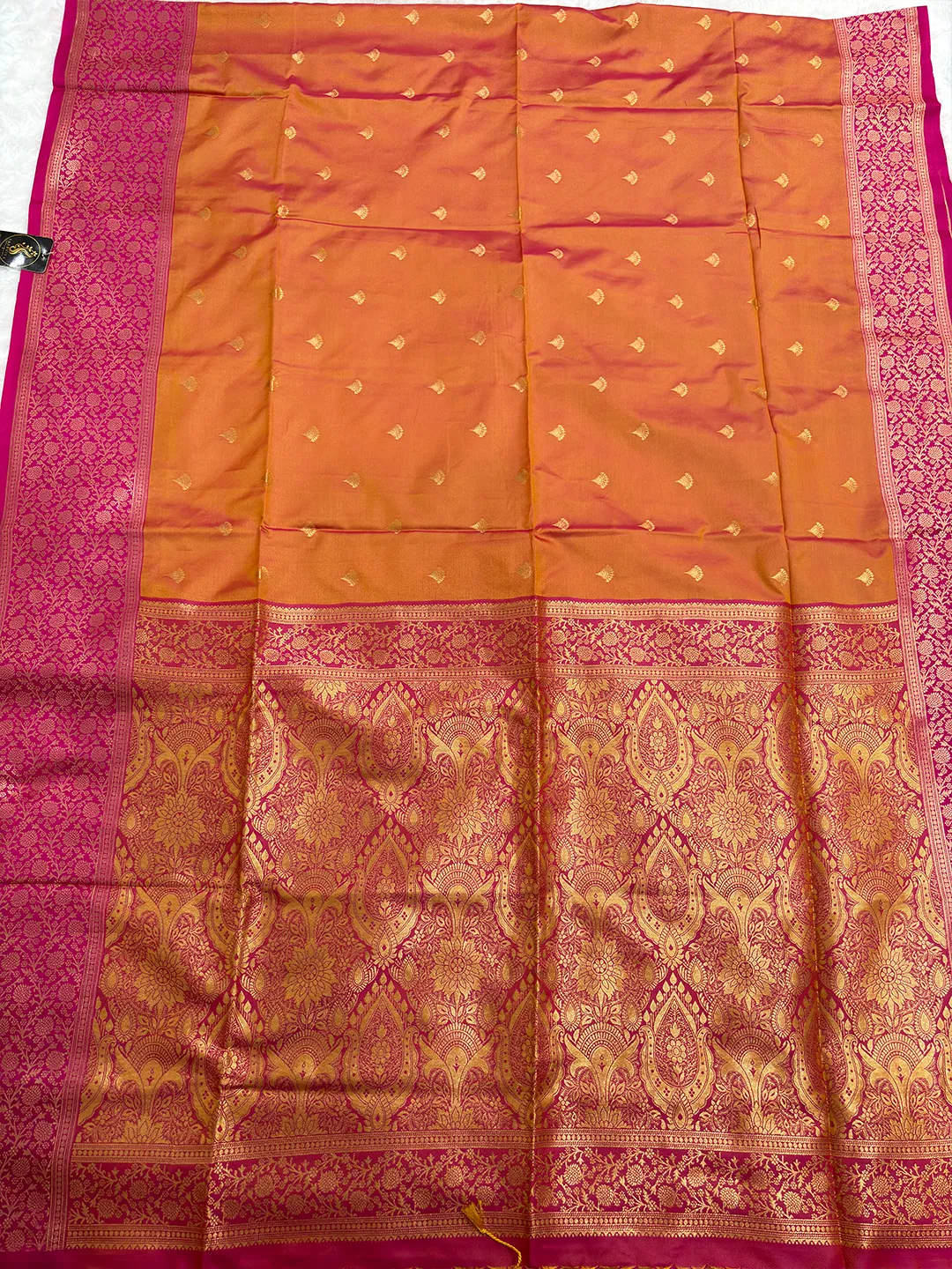 Shruti Salem Silk Saree - Orange with Pink Zari Border - Image 4