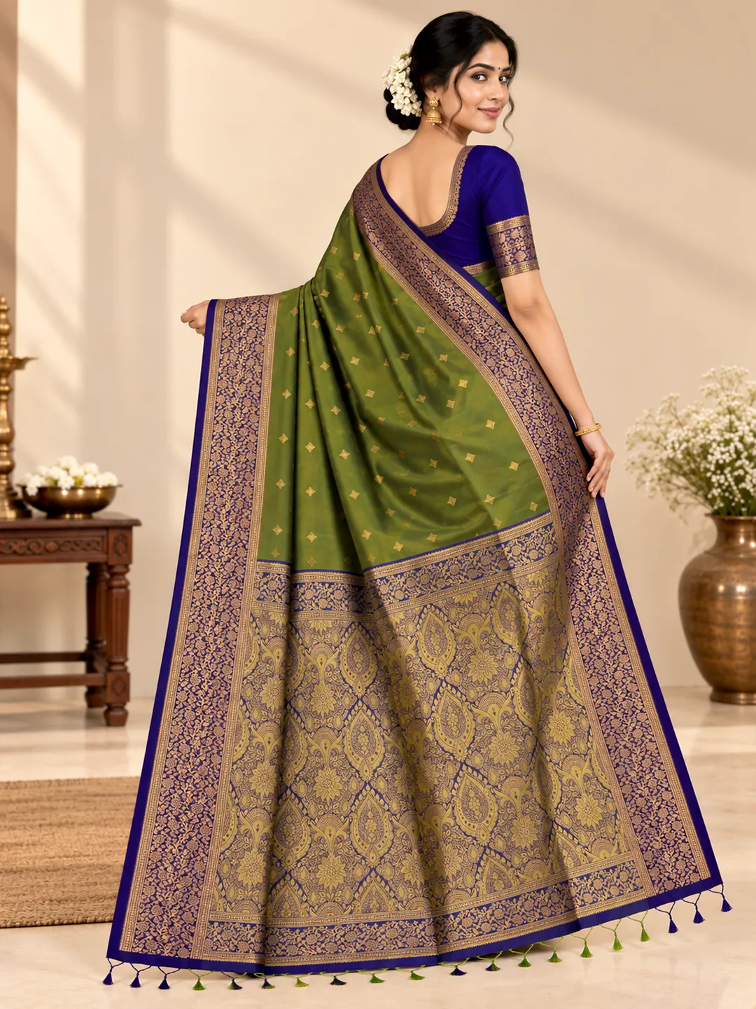 Shruti Salem Silk Saree - Olive Green with Royal Blue Zari Border - Image 2
