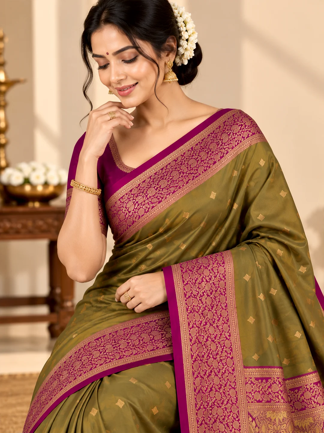 Traditional Olive Green and Magenta Salem Silk Saree - Image 3