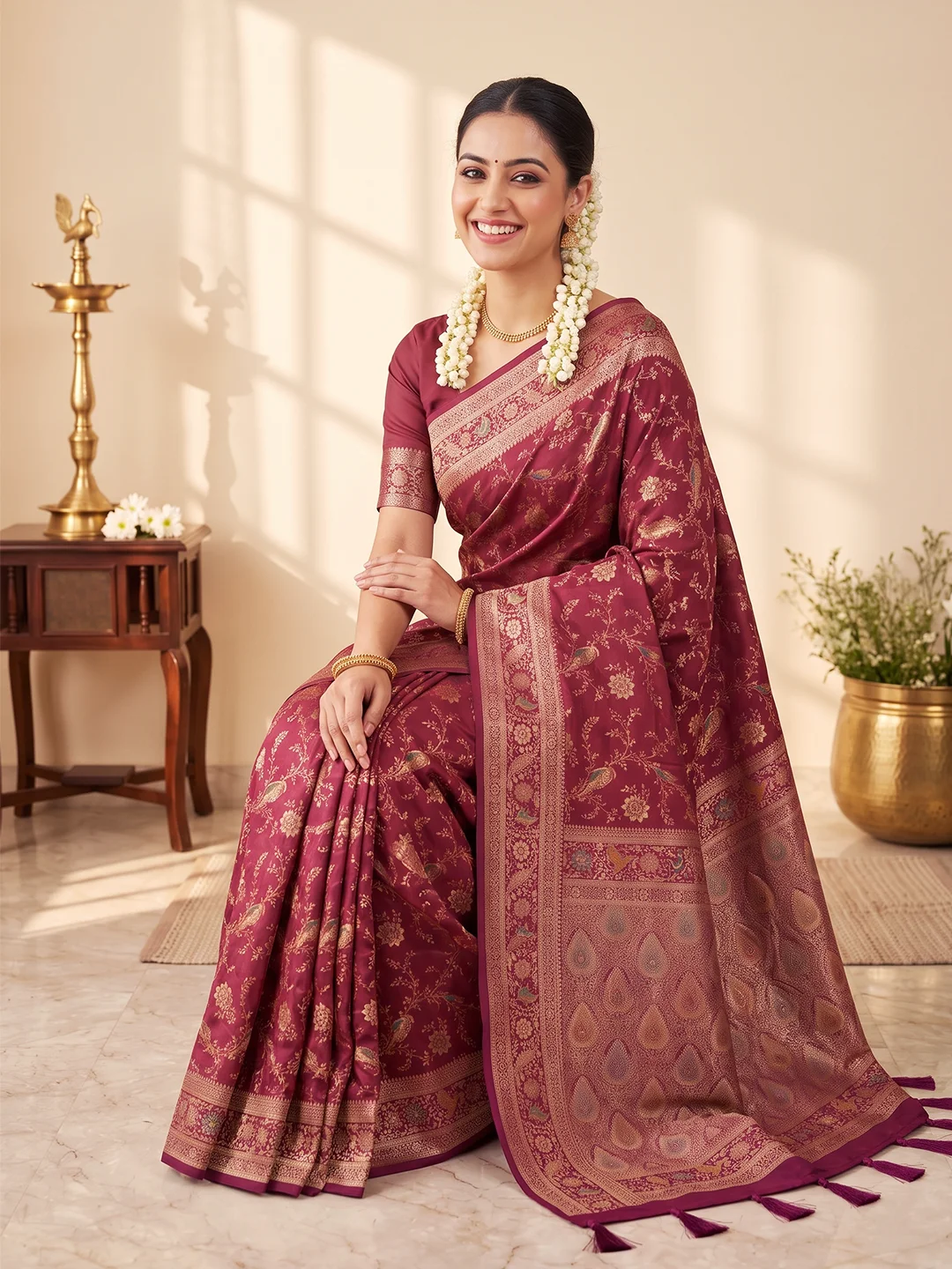 SAARVIYA Wine Maroon Satin Silk Saree | Elegant Meenakari Shikargah Bird Jaal & Zari Pallu - Image 3