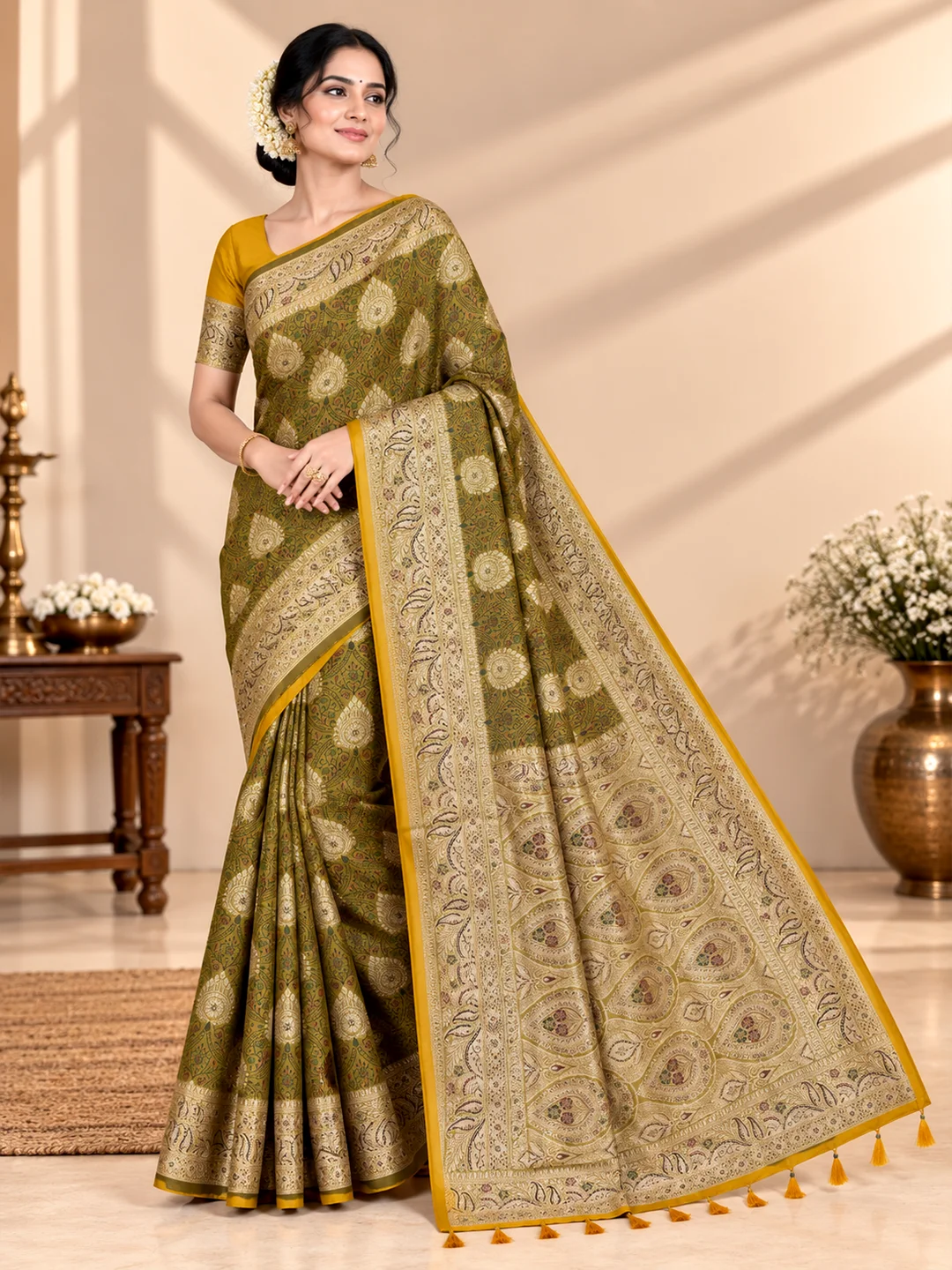 Elegant Satin Silk Saree - Olive Green with Antique Gold Zari | Saarviya