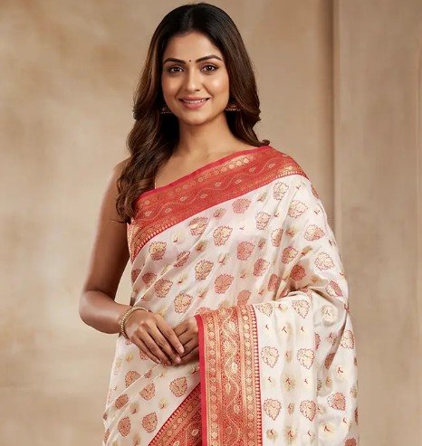 White & Red Zari Saree