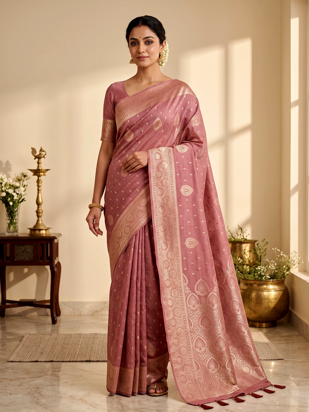 Dusty Rose Bamboo Silk Saree for Women - Trending Gorgeous Festive Sarees