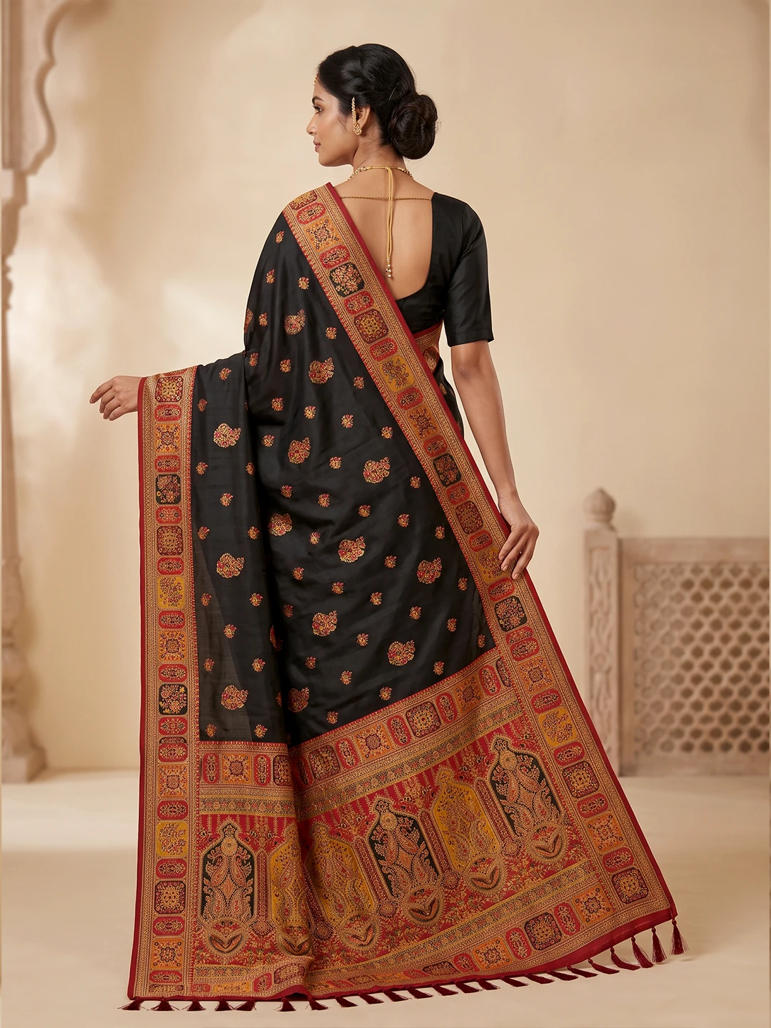 Position Black Silk Saree - Black with Red & Gold Border | Saarviya - Image 2