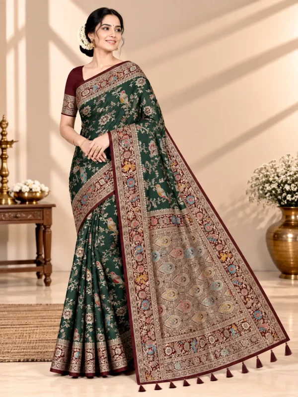 Kian Satin Silk Saree - Deep Green with Maroon Zari Border | Saarviya