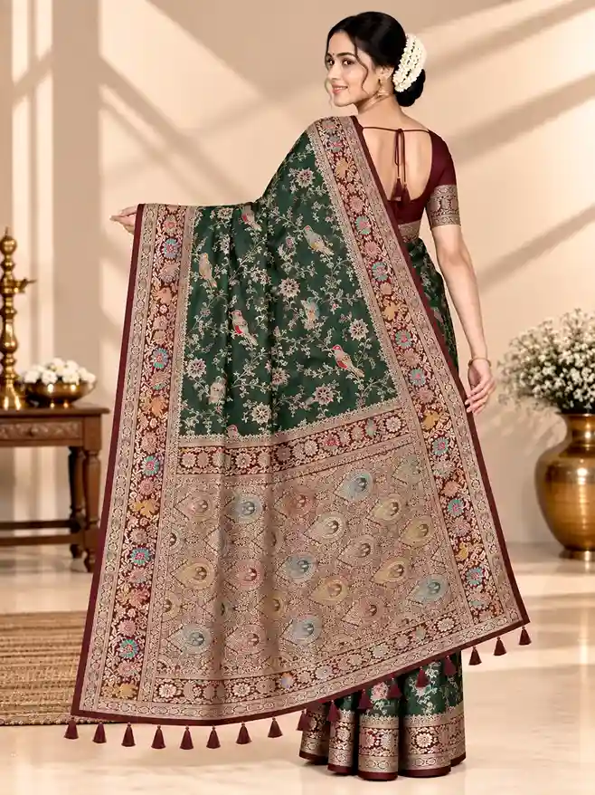 Green satin silk saree