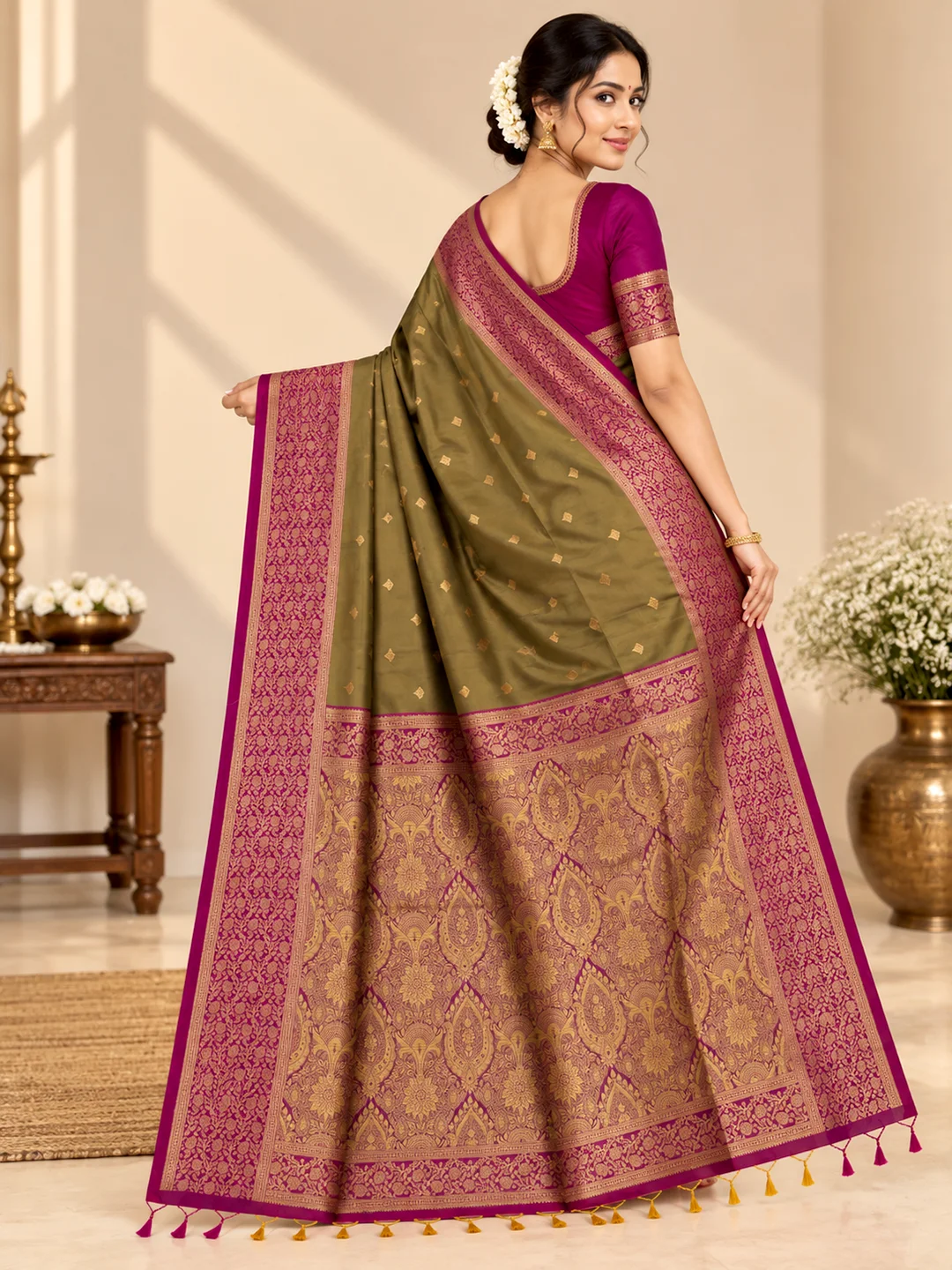 Traditional Olive Green and Magenta Salem Silk Saree - Image 2