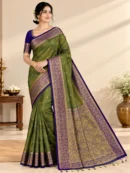 Shruti Salem Silk Saree - Olive Green with Royal Blue Zari Border